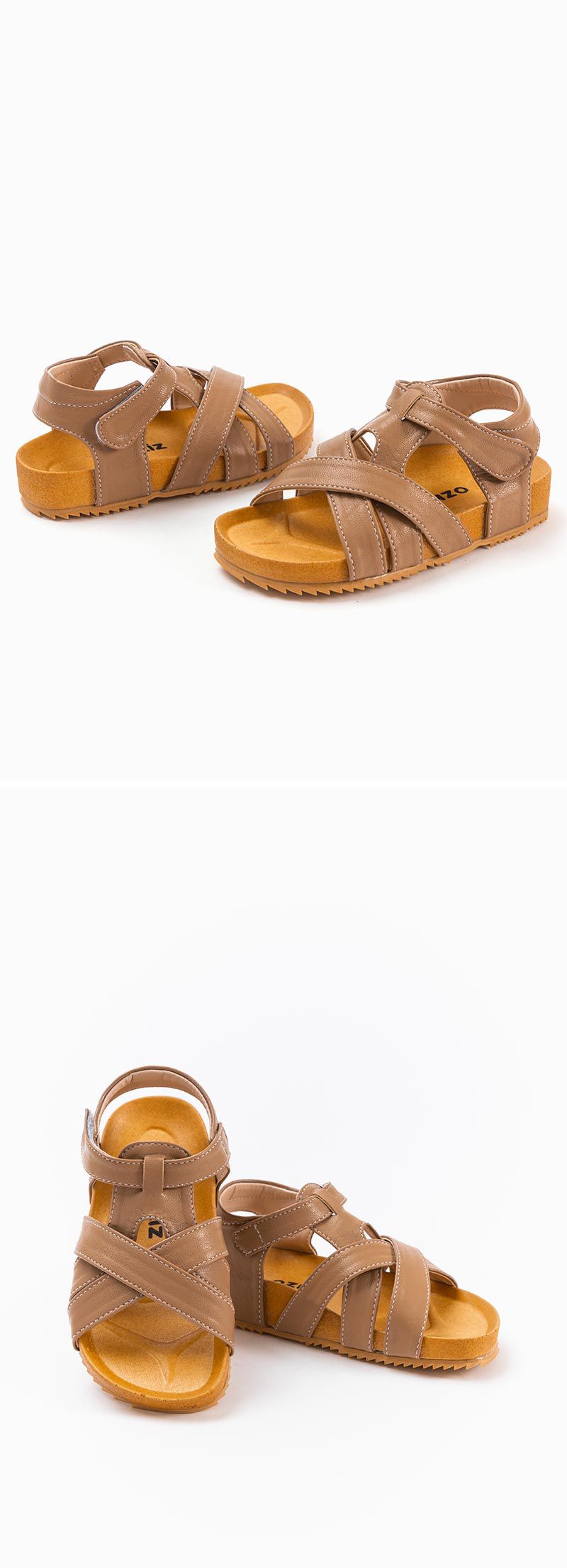 韓國 OZKIZ - 不對稱交叉魔鬼氈涼鞋-棕