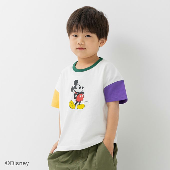 日本 Chil2 - 聯名款  卡通人物米奇純棉短袖上衣-雙手叉腰-灰x橘x藍