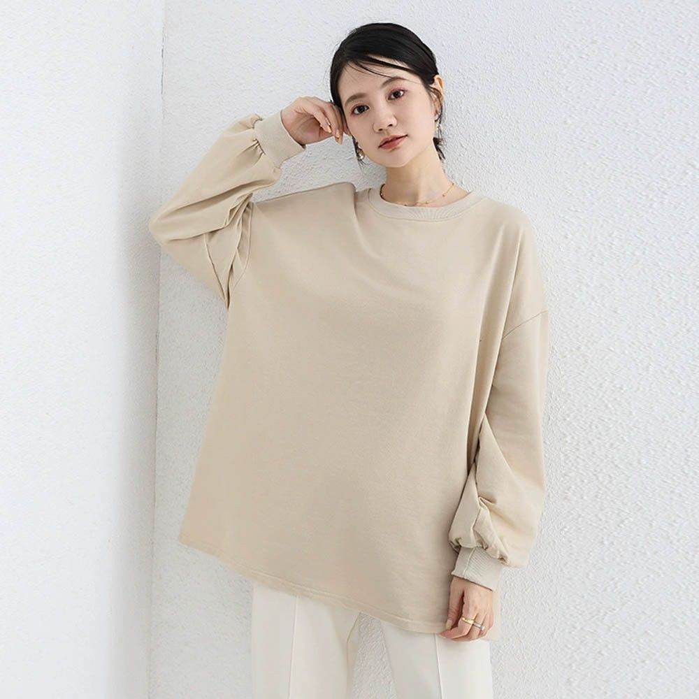 簡約休閒圓領落肩長袖上衣-杏色