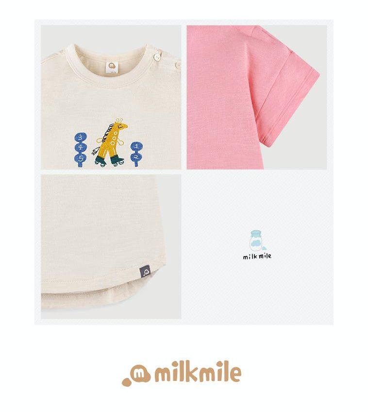 韓國 milk mile - 溜冰長頸鹿純棉T-米白