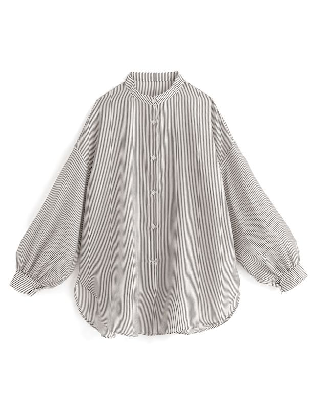 日本 GRL - 店員推薦 微透膚翻領長袖襯衫-直條紋-櫻花粉 (F)