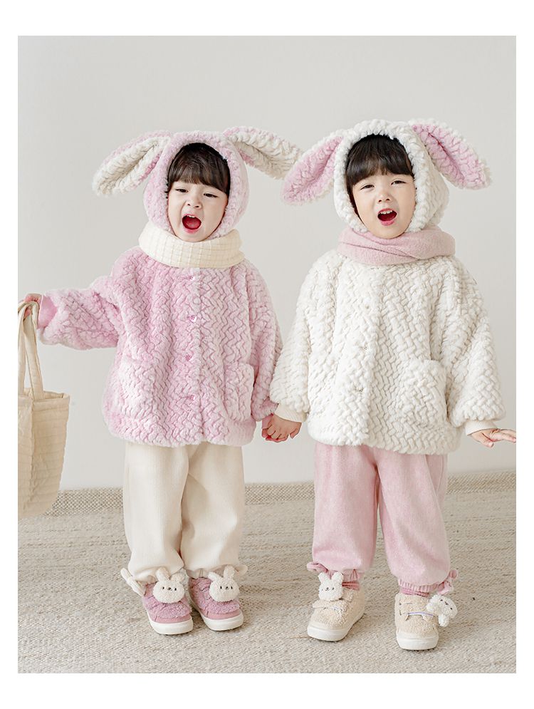 TONGMO - 立體造型毛絨保暖連帽外套-兔耳朵-粉色