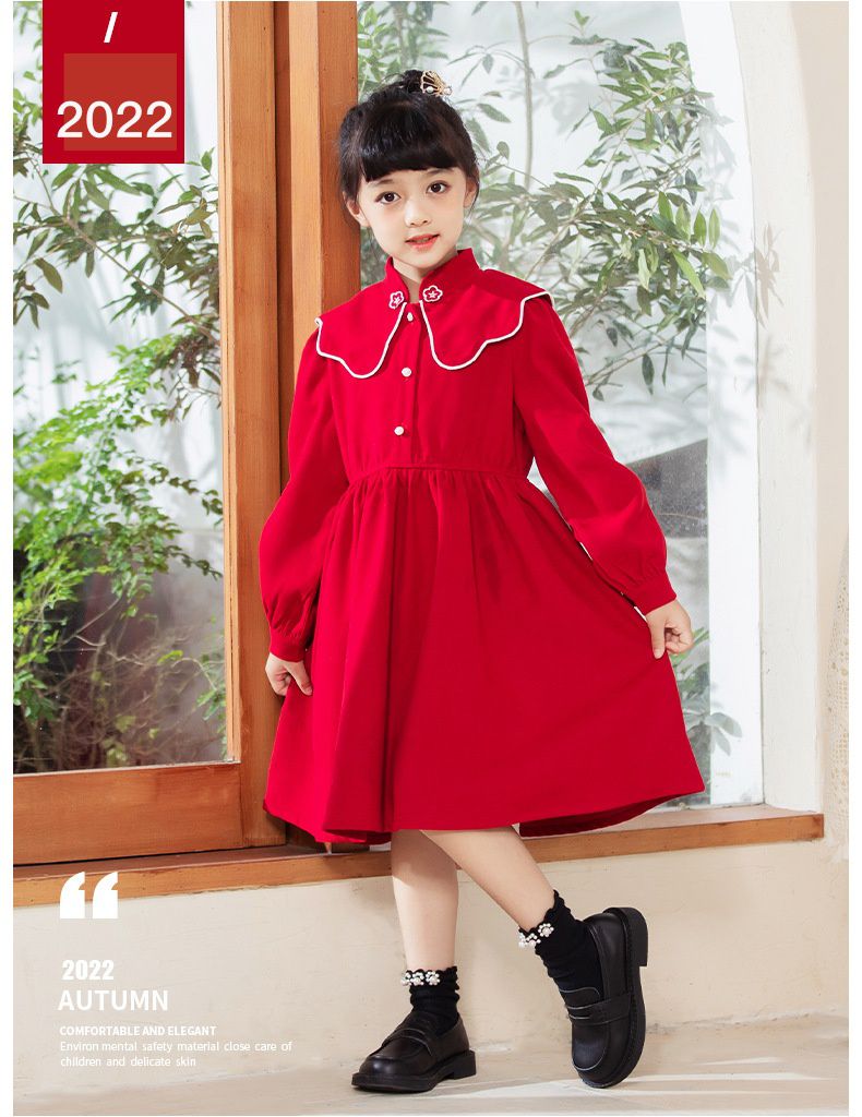 娃娃領燈芯絨長袖洋裝-卡其色