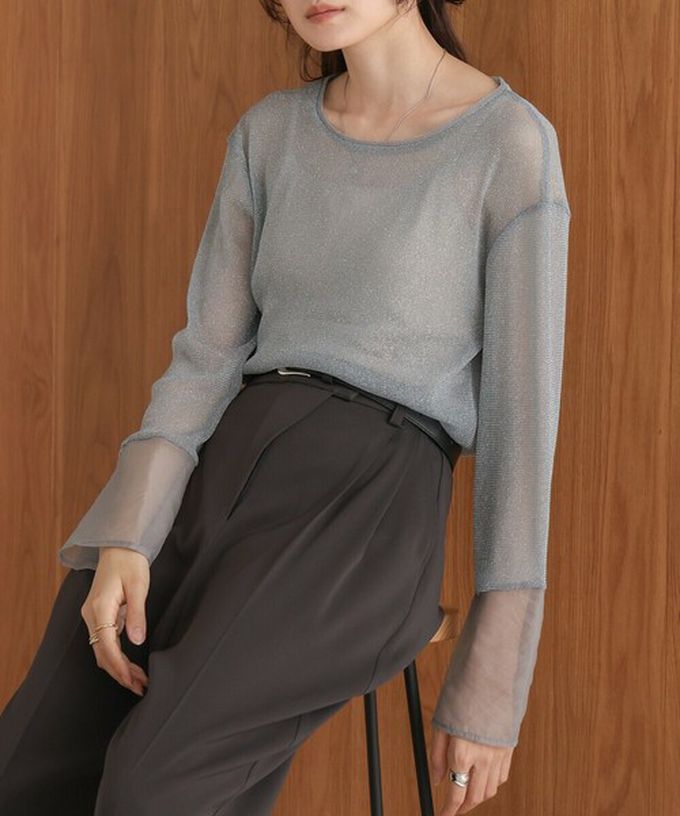 日本 Bab - 亮麗光澤歐根紗拼接透膚薄長袖上衣-黑