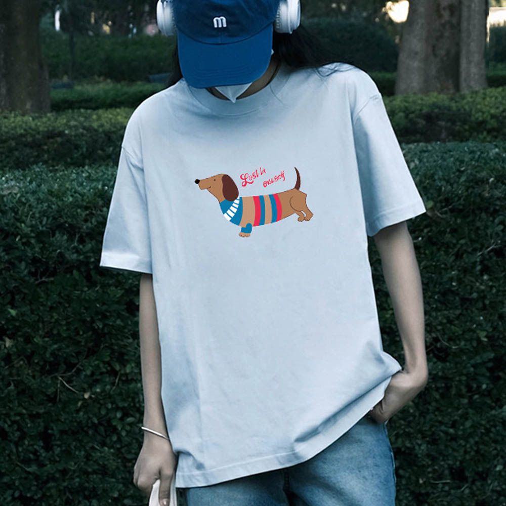 純棉寬版印花T恤-臘腸狗-藍色
