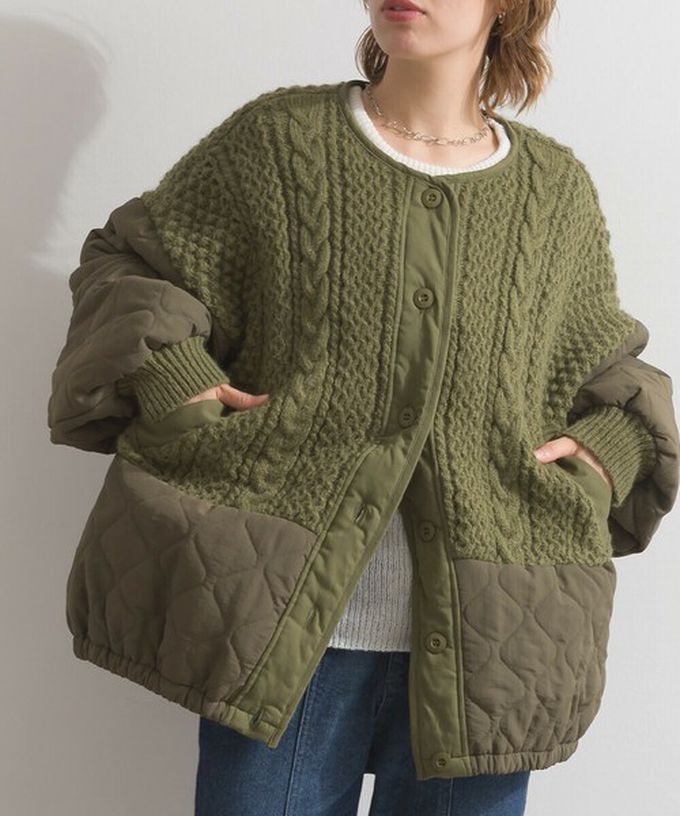 日本 Lupilien - 立體麻花絎縫拼接無領保暖外套-象牙