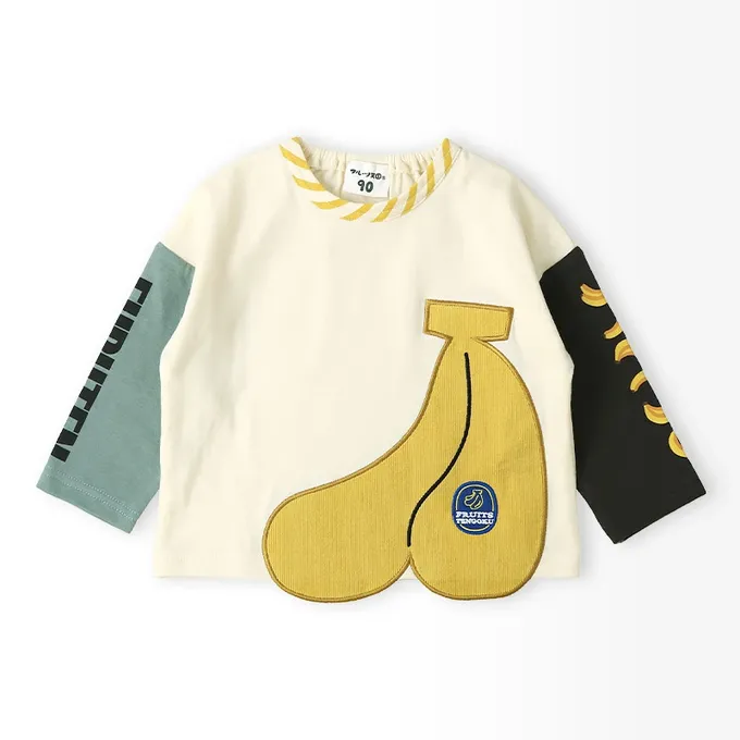 日本 ZOOLAND - 水果樂園 燈芯絨香蕉撞色長袖上衣-象牙白