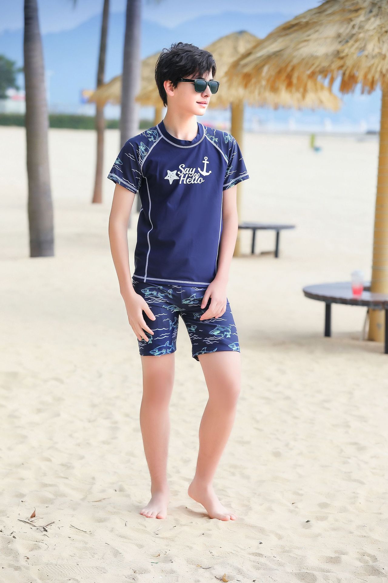 大童男孩短袖泳衣套裝(二件組)-星星船錨-淺藍色-泳衣、泳褲