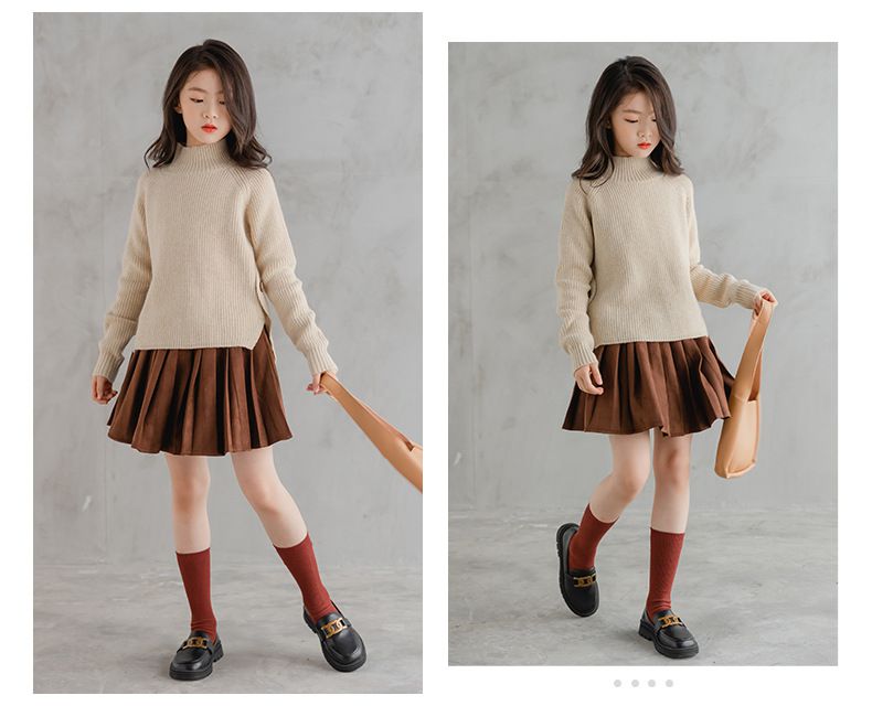 加厚半高領開衩長袖針織上衣-杏色