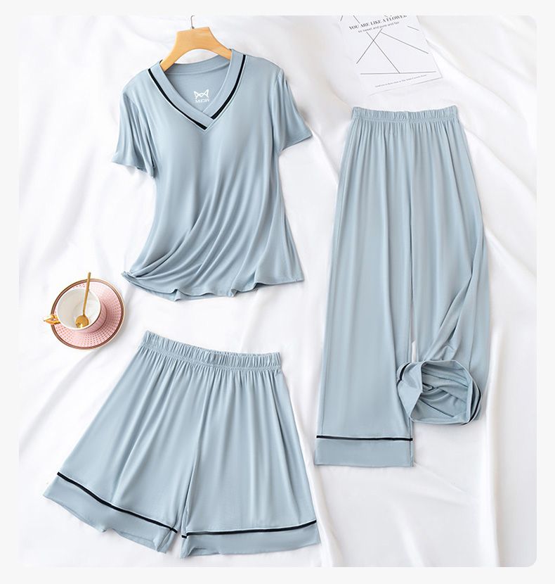 V領莫代爾Bra T短袖家居服套裝-短袖+短褲-紫粉色