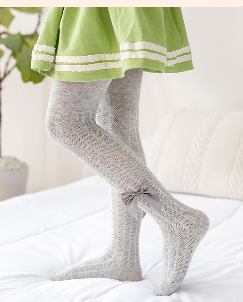 兒童網眼褲襪-網眼透氣褲襪-蝴蝶結-灰色