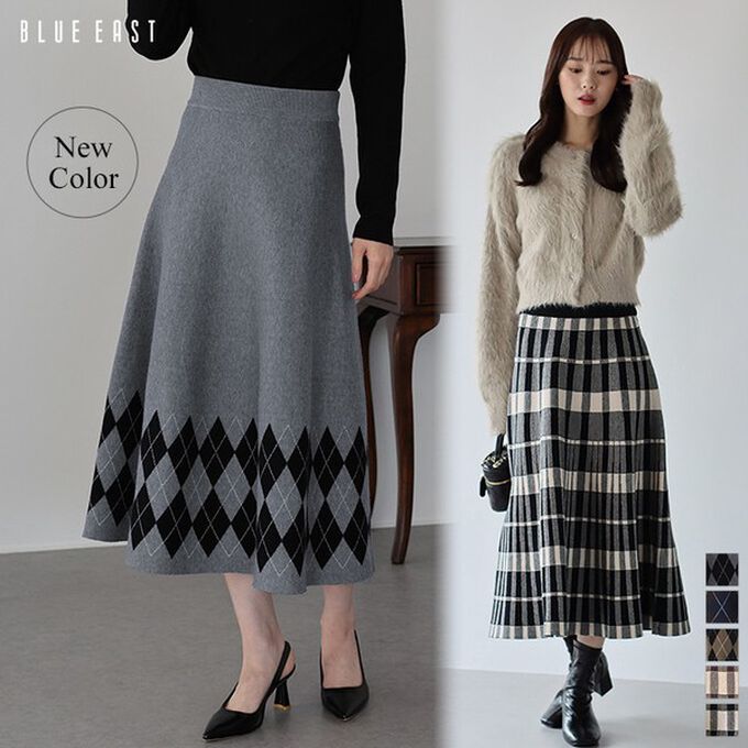 日本 BLUE EAST - 氣質女伶全腰鬆緊皺摺長裙-菱格-黑 (M)