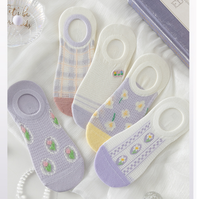 love, charlotte - 氣質淺紫小碎花防滑隱形棉襪 (XXL (22~24cm))-5 雙一組