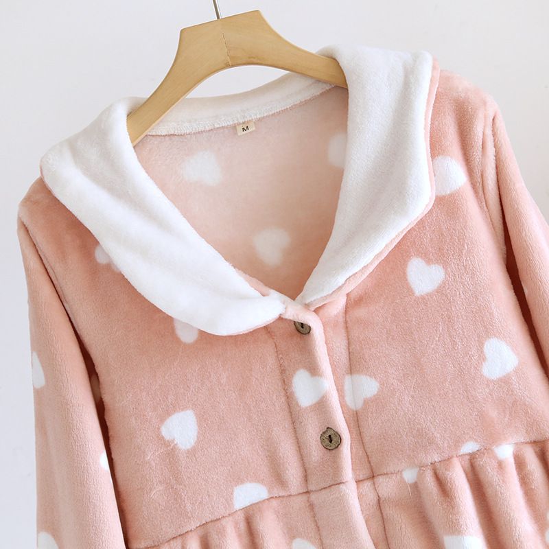 法蘭絨暖暖長袖連身睡衣-愛心-粉色