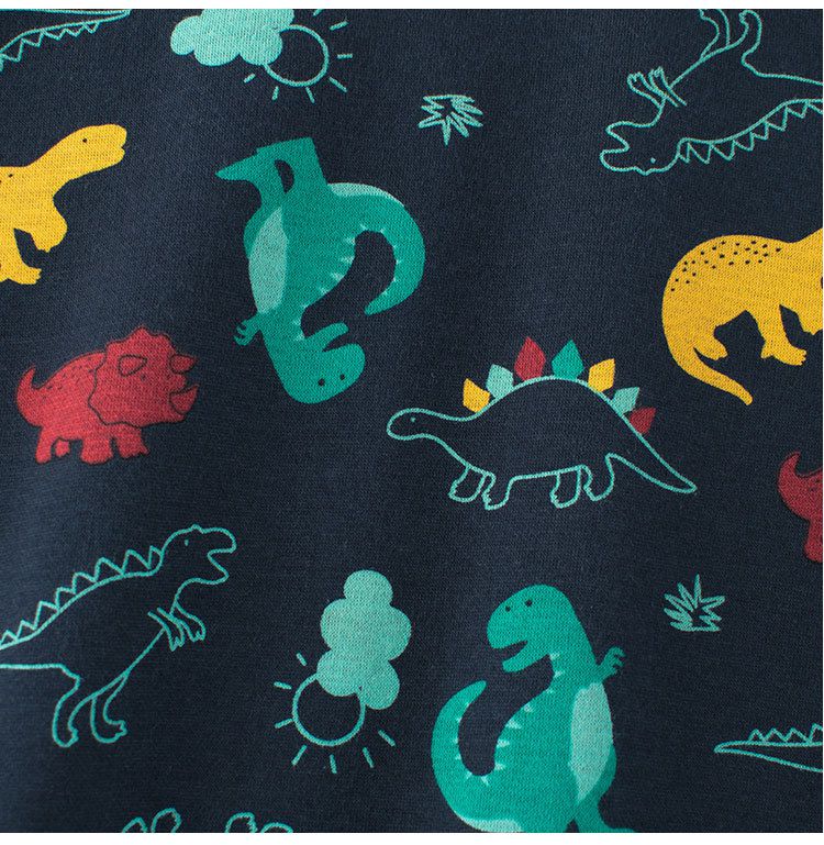 加絨棉質圓領長袖上衣/大學T-滿滿恐龍-深藍色
