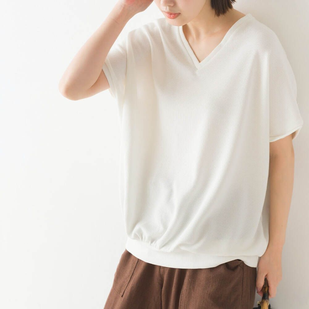 華夫格前後V領落肩短袖上衣-白