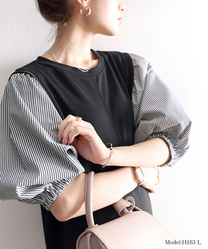 日本 Classical Elf - 優雅泡泡拼接袖修身洋裝-黑x淺米