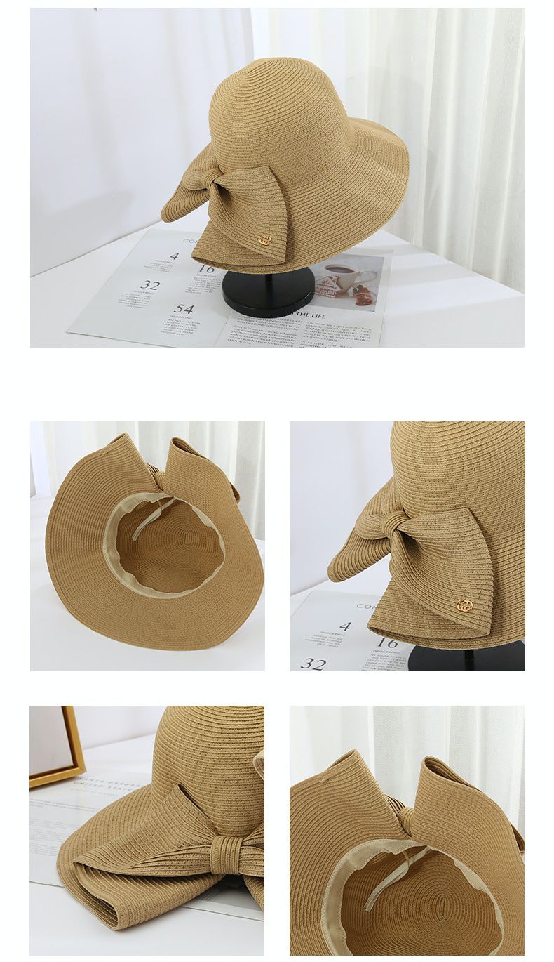 可折疊大帽沿防曬草帽-後開衩蝴蝶結-鐵灰色 (56-58cm)