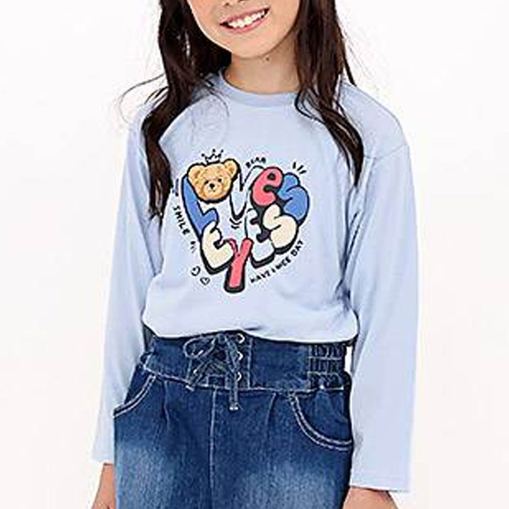 [推薦]定番印花薄長袖上衣-熊熊愛心-水藍