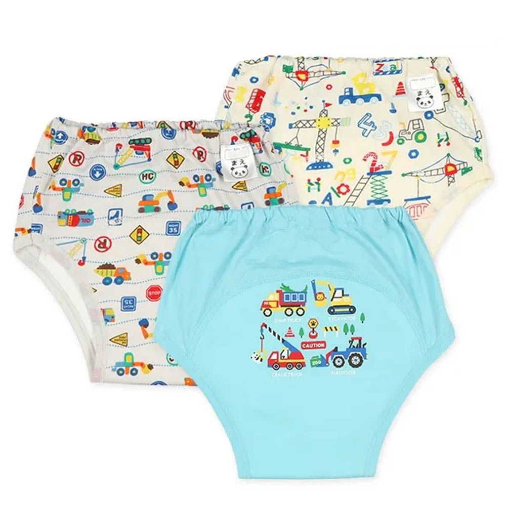 三層密縫式學習褲3件組-滿版工程車-藍白系