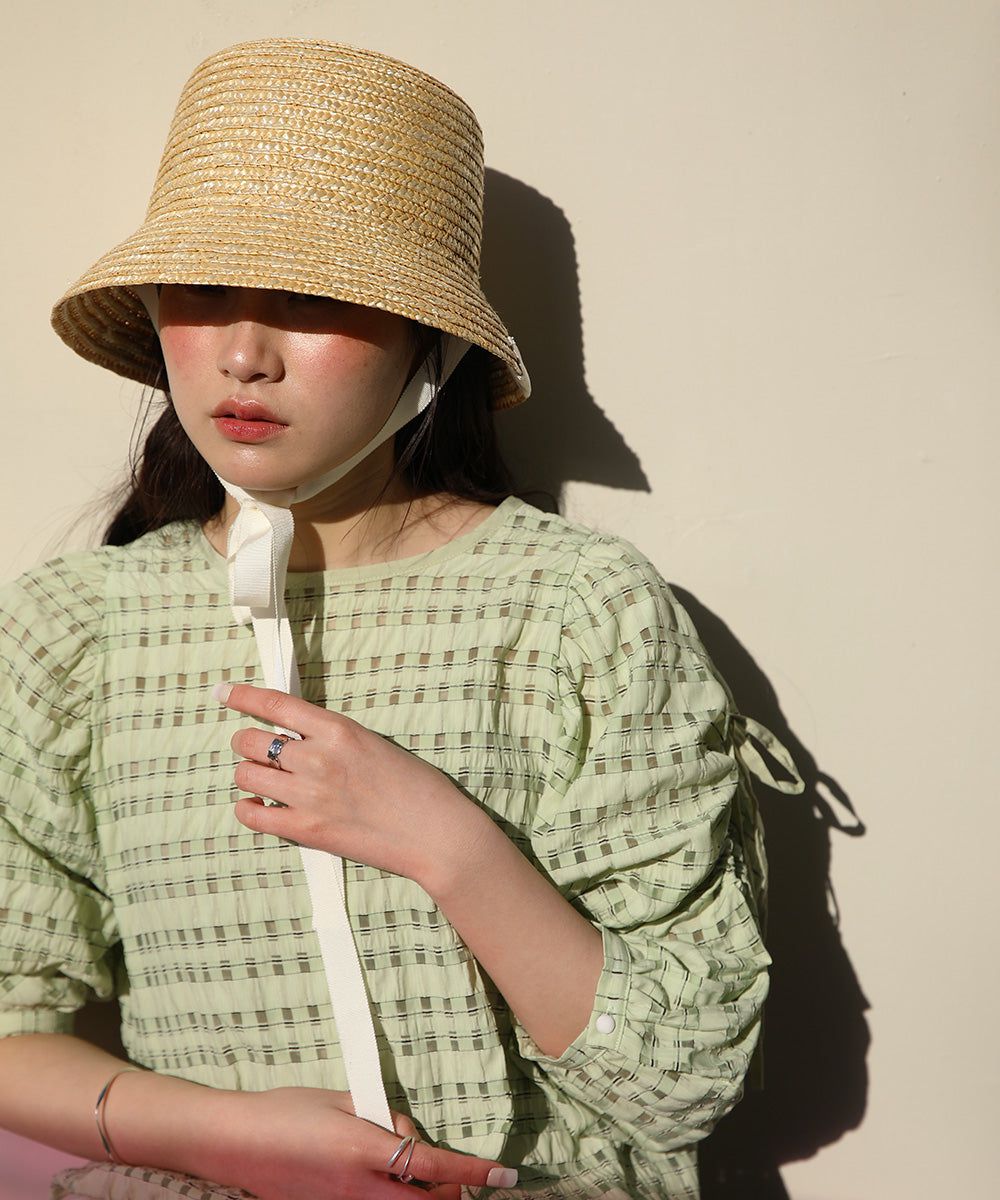 日本 Bab - 甜美格紋抽繩澎澎袖上衣-米杏