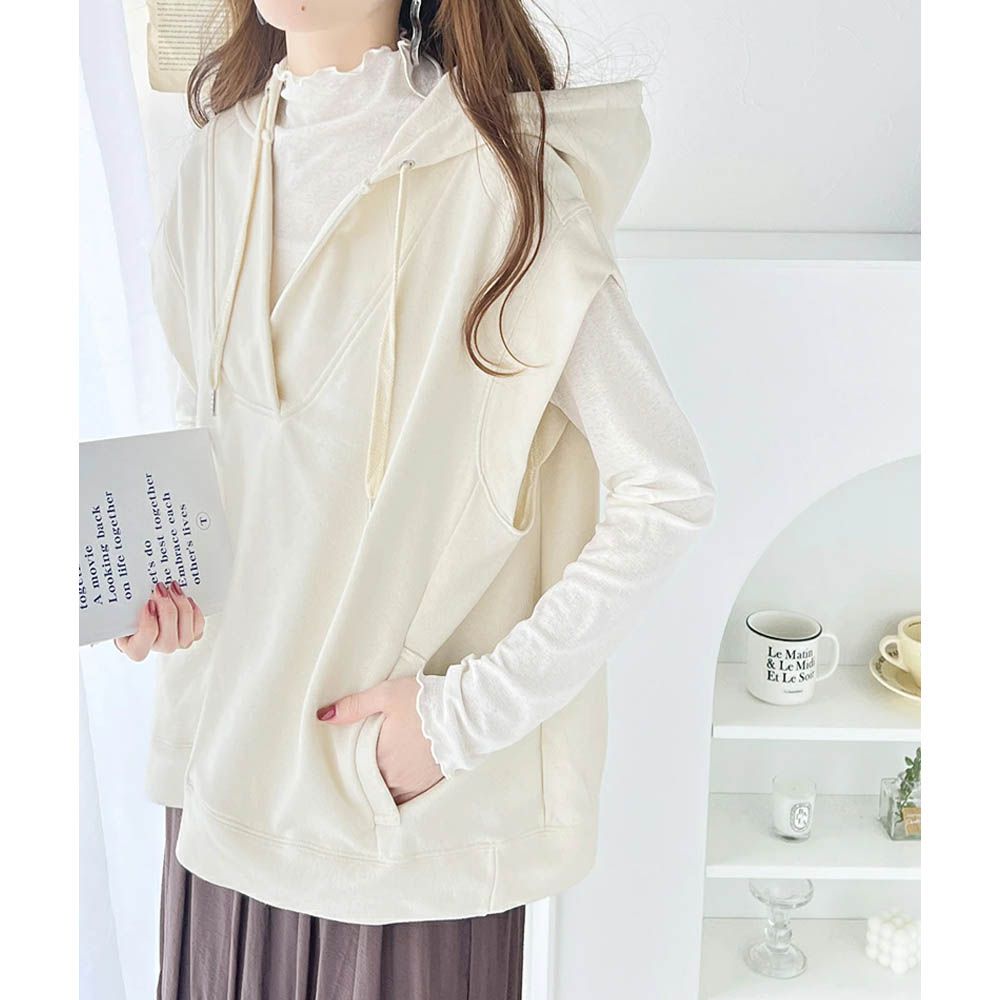 Java 深V領休閒寬短袖連帽上衣-象牙白