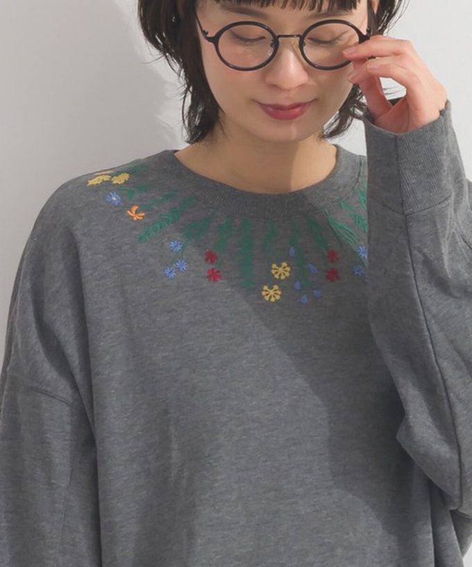 日本 Lupilien - 彩色刺繡花卉領裏毛長袖上衣-卡其