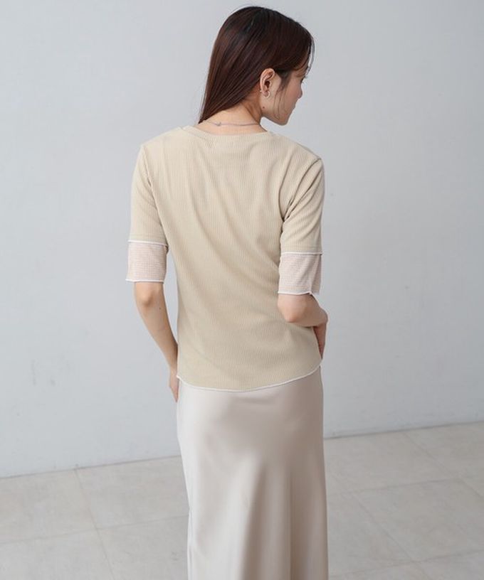 日本 Bab - 柔美線條羅紋異材質短袖上衣-卡其 (M)
