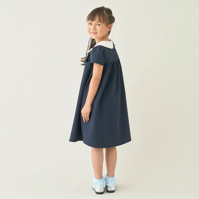 日本 Lycee mine - 優雅正式感圓領胸前緞帶短袖洋裝-薰衣草