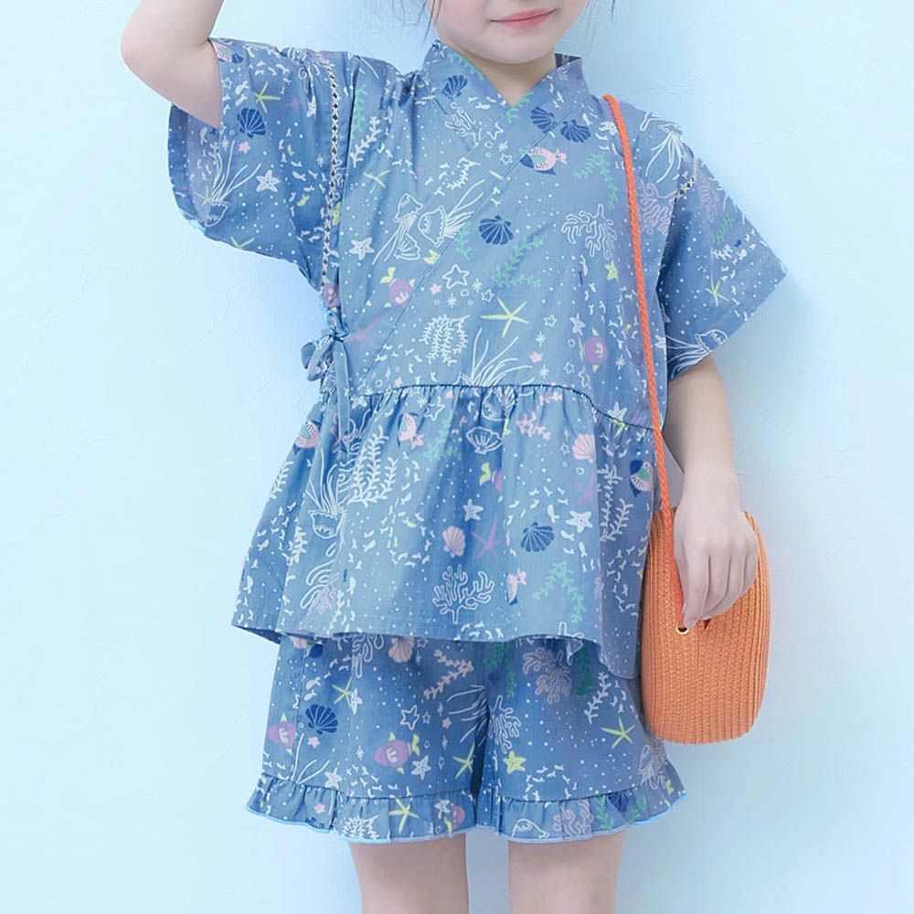 [推薦]夢幻女孩荷葉邊甚平套裝-海洋-煙燻藍