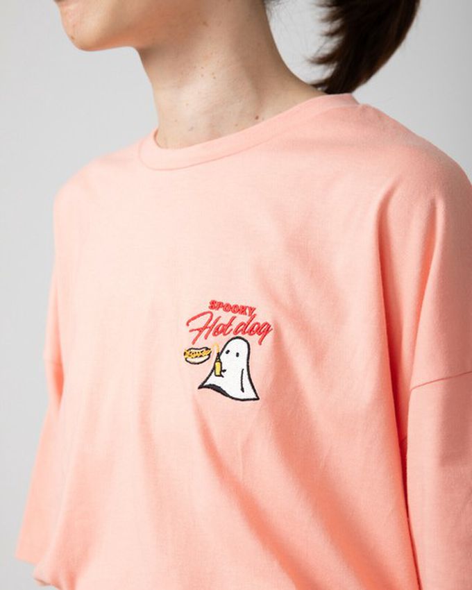 日本 gleam - 幽靈熱狗美式印花寬大風短袖T恤-燕麥灰