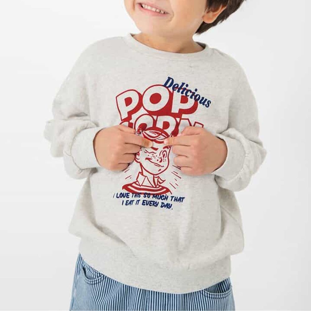 美式印花純棉裏毛長袖上衣-美味爆米花-象牙白