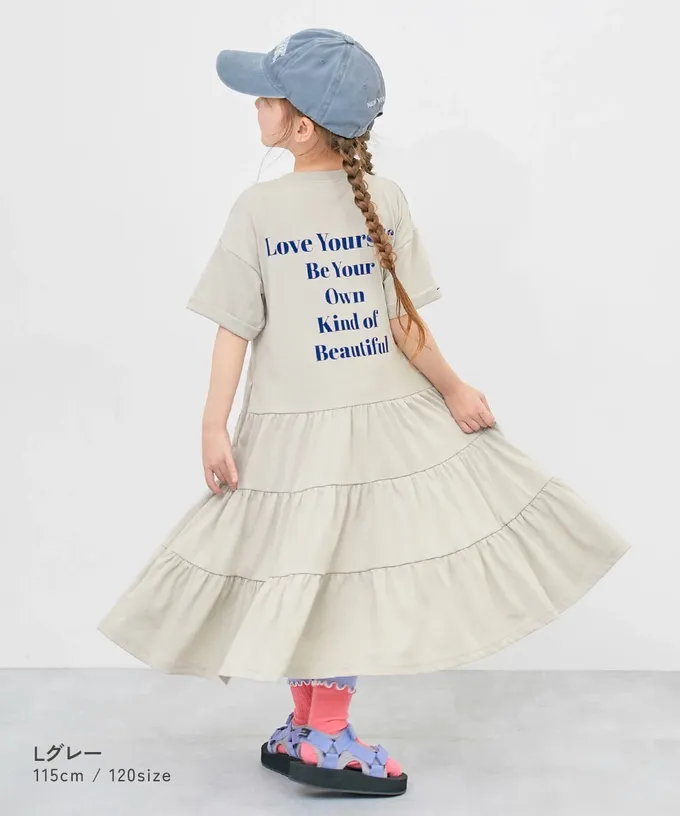 日本 devirock - 天竺棉舒適分層短袖洋裝-背後標語-粉紅