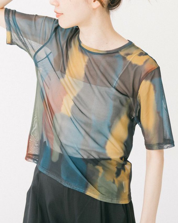 日本 gleam - 水彩暈染風透膚薄紗短袖上衣-深藍系