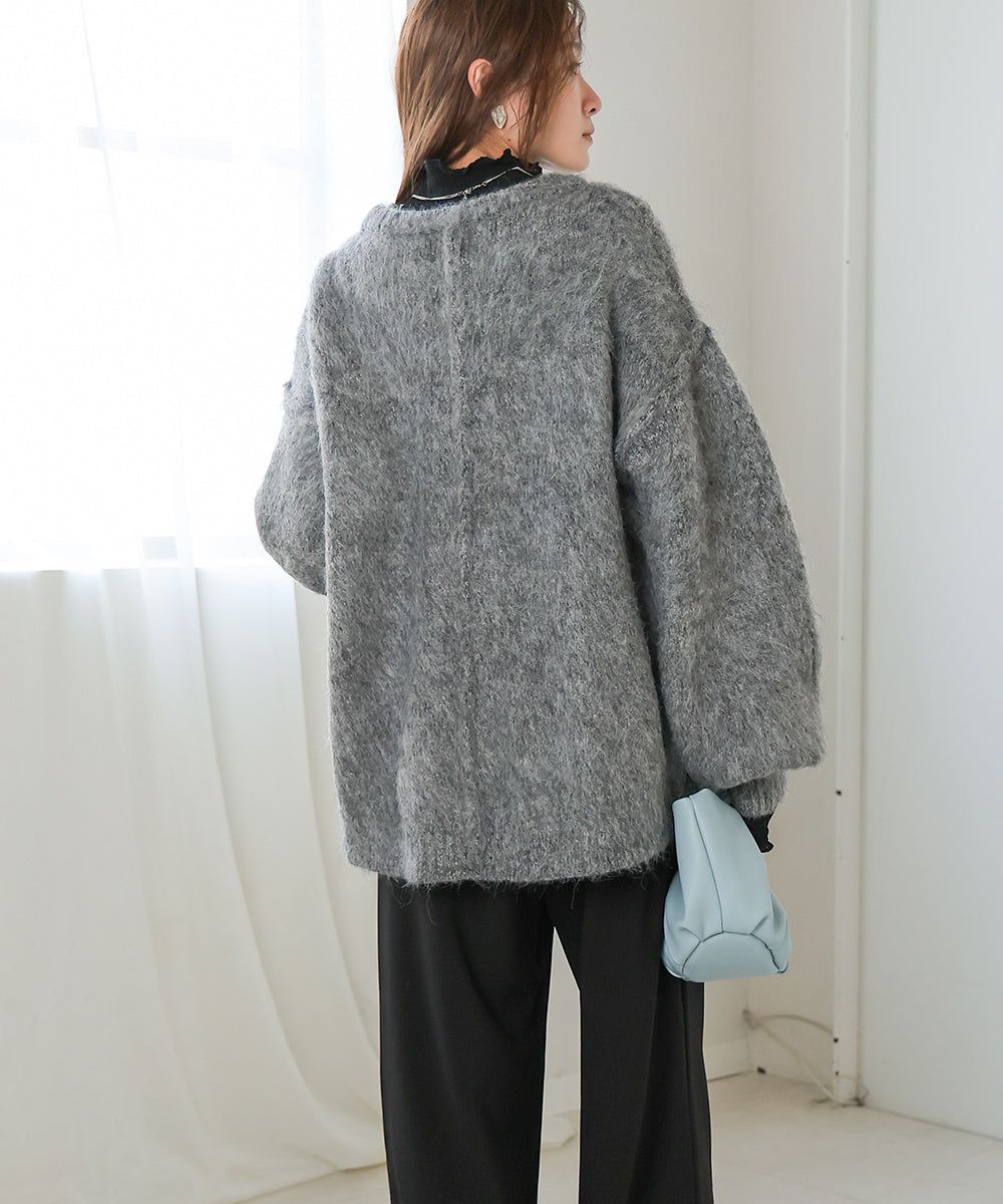 日本 Bab - 澎袖毛海溫柔廓形針織上衣-淺灰