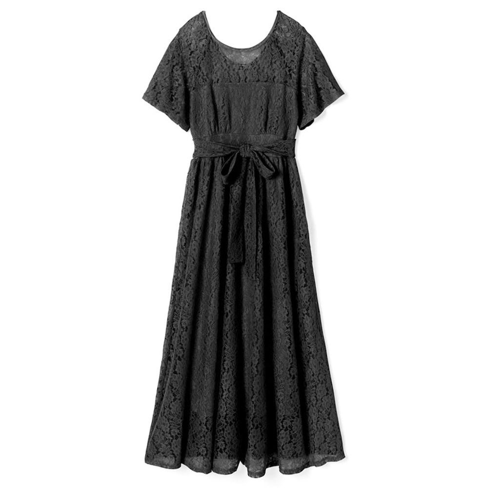 日本 GRL - 優雅蕾絲腰間綁帶短袖洋裝-時尚黑