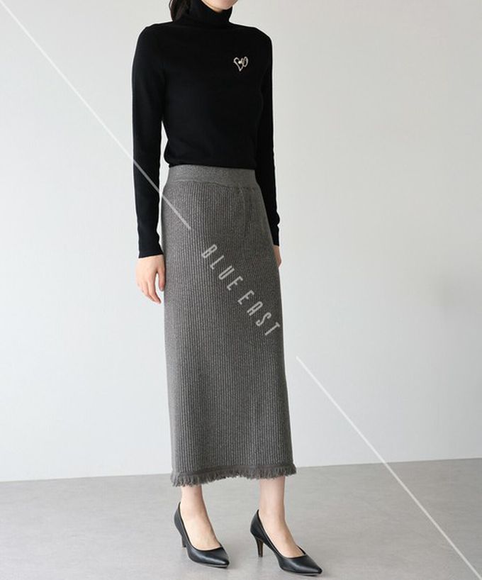 日本 BLUE EAST - 微閃亮羅紋針織流蘇開叉鉛筆裙-摩卡