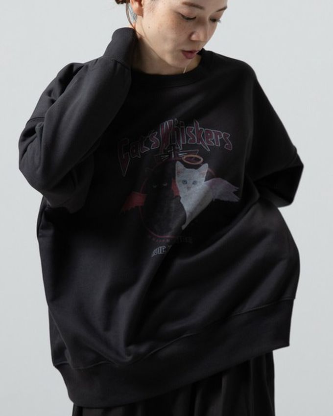 日本 gleam - 裏毛寬版天使惡魔貓咪印花大學T-白