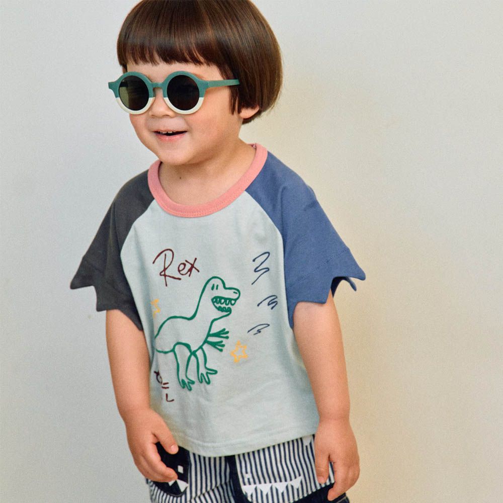 恐龍塗鴉撞色鋸齒袖上衣-淡薄荷藍