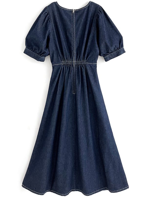 日本 GRL - V領酷甜丹寧泡泡短袖洋裝-海軍藍