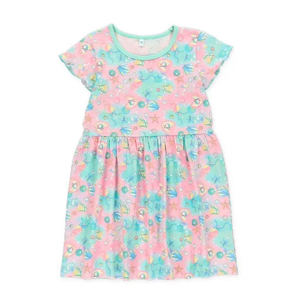 夢幻暈染木耳邊短袖洋裝-貝殼-粉藍