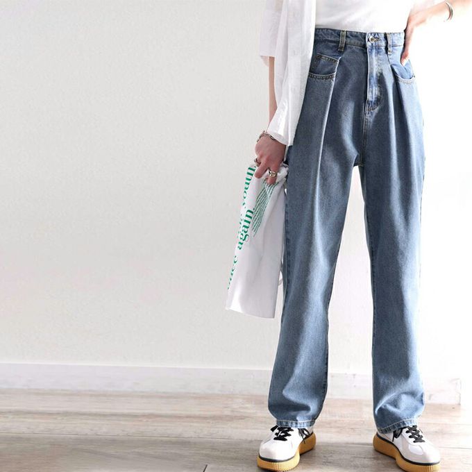 日本 Classical Elf - [熱銷NO.1] 舒適顯瘦打褶長褲-丹寧布-淺灰