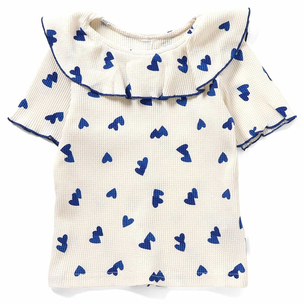 浪漫捲邊荷葉領華夫格短袖上衣-愛心-白x藍