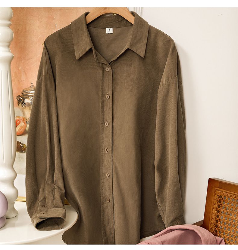 法式溫柔純色基礎長袖襯衫-咖啡色