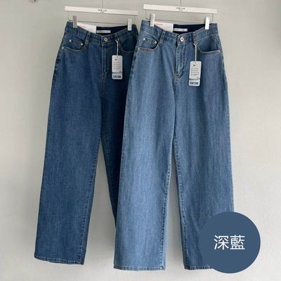 韓國女裝連線 - (涼感機能)鬆緊腰夏日輕丹寧直筒褲-深藍