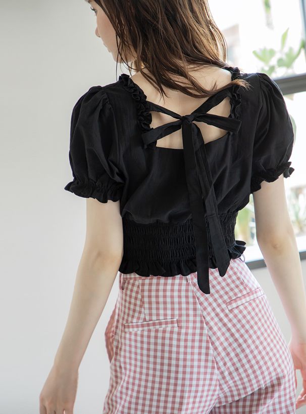 日本 GRL - 公主抓皺縮腰後蝴蝶結短版短袖上衣-天使白