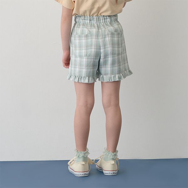 日本 Lycee mine - 可愛滿點荷葉摺邊短褲-格紋-草綠