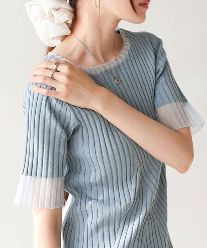 日本 Bab - 柔美異材質顯瘦羅紋五分袖上衣-炭灰