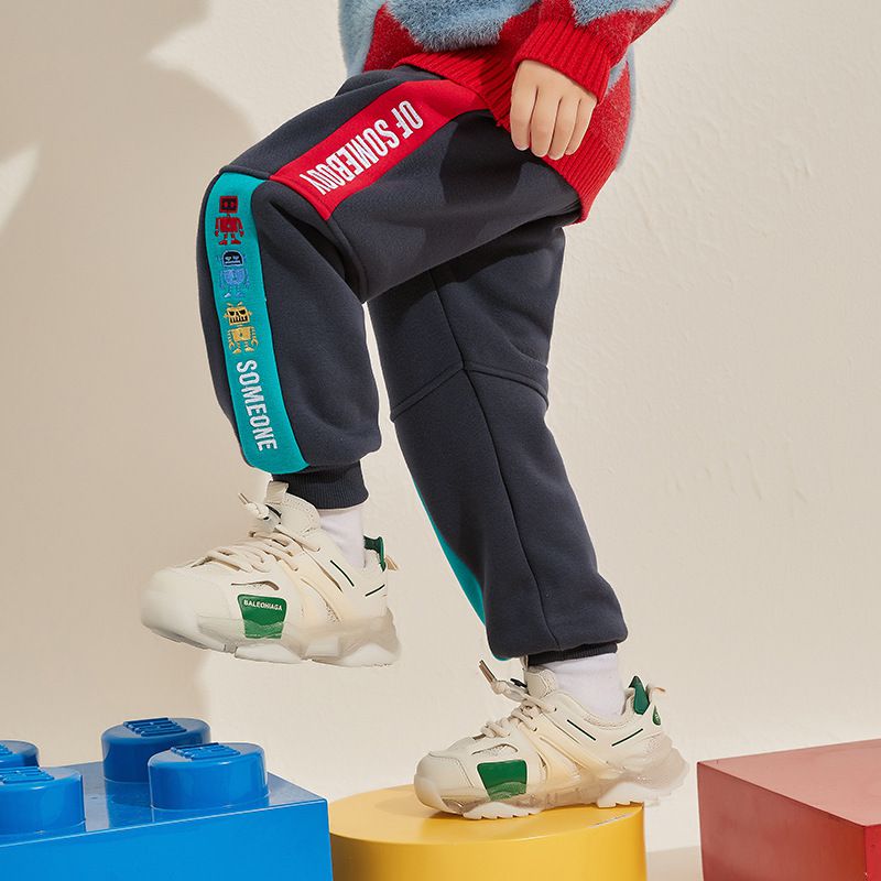 薄絨腰鬆緊休閒保暖束口長褲-繽紛機器人-灰色