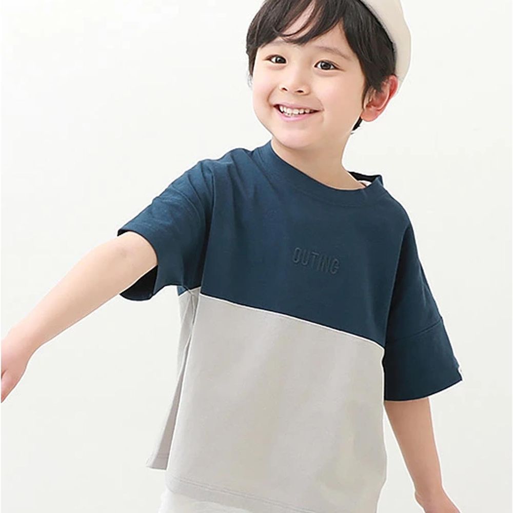 日本 devirock - 撥水加工 純棉舒適短袖上衣-藍x灰